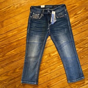 NWT Grace Womens Cropped Leg Jeans Blue Stretch Embellished Denim Whiskered